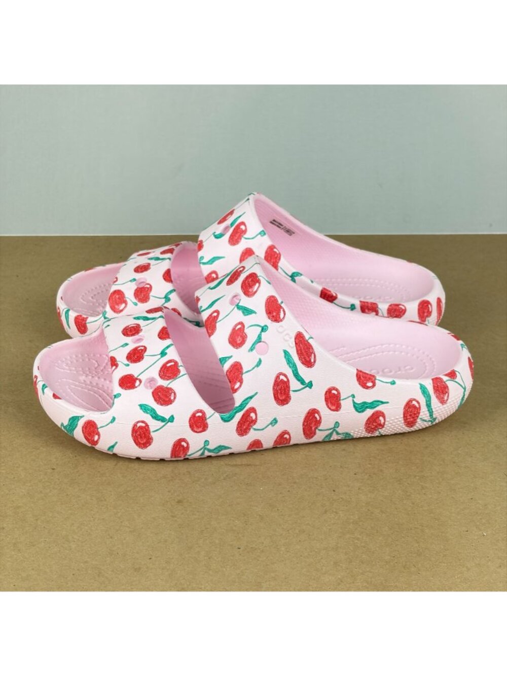 Crocs Pink Cherry Pattern Slide Sandals Womens 9 Pink Red Green Slip On - Picture 10 of 10